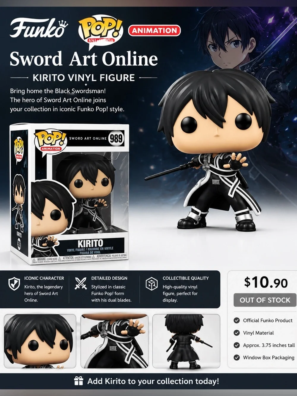 Funko Pop! Sword Art Online Kirito Vinyl Figure - Black, White, Skin Tone